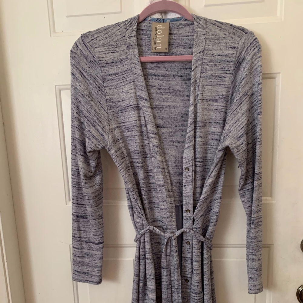 Soft Blue Cardigan with Ruffled Hem and Belt